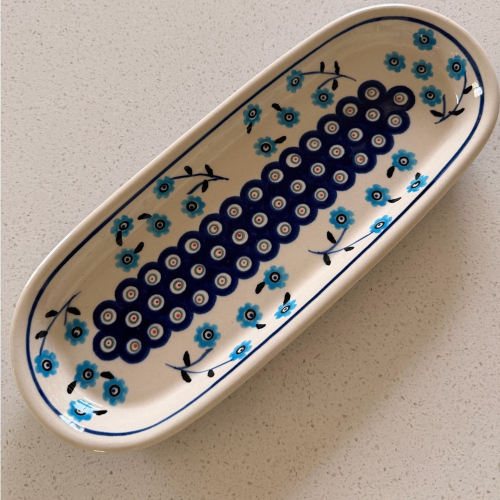 Polish Pottery Blue Rose Appetizer Tray 286 ART Oblong Tray (2 available)
